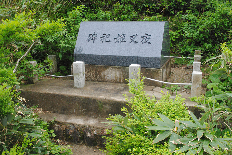 池のほとりに立つ夜叉姫祀碑