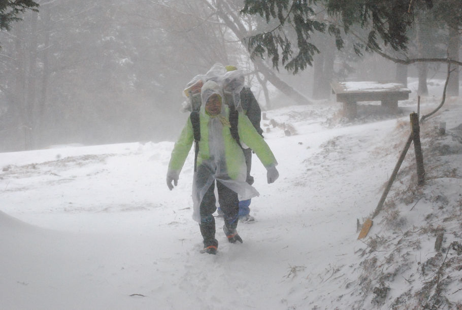 2014年2月8日、暴風雪の大倉尾根を歩く畠山さん。猛暑でも大雪でも歩みは変わらない