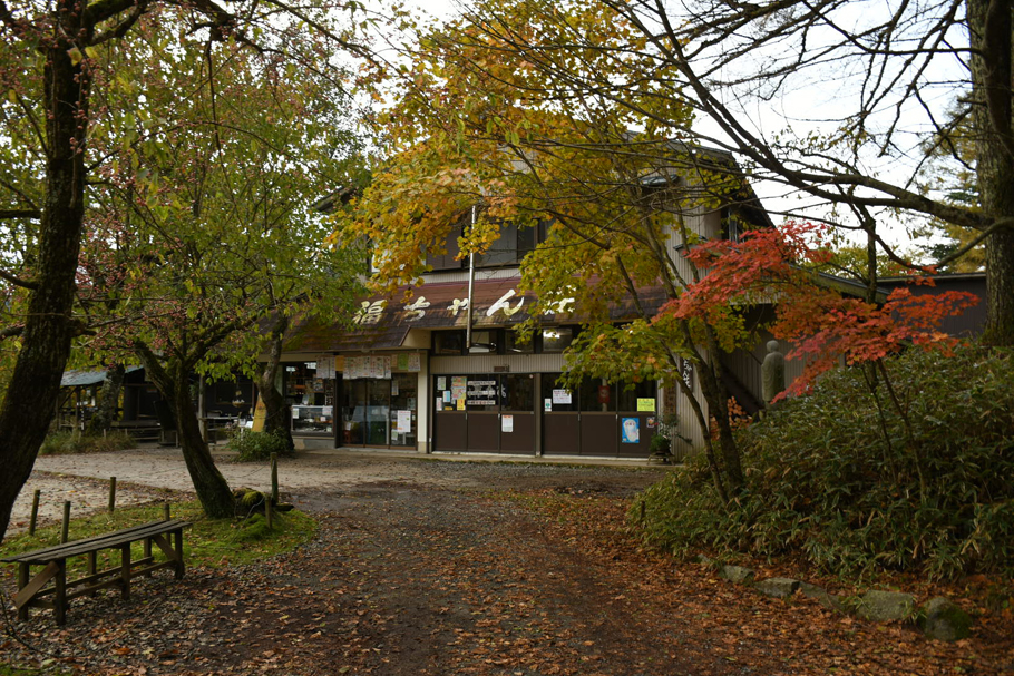 紅葉の中の福ちやん荘。こちらは食堂側の入り口