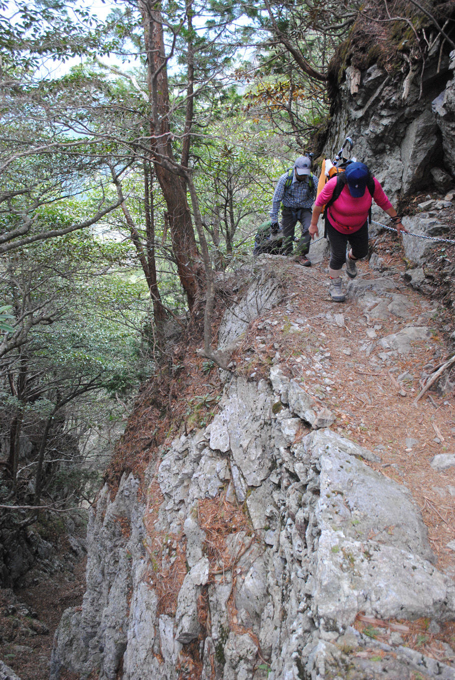 片側が崖となった登山道を行く