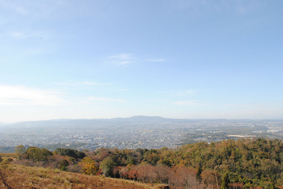遠くに生駒山を望む