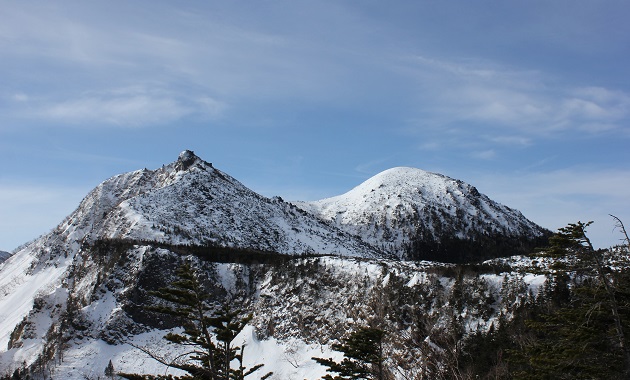 中山峠から見た尖った東天狗岳と丸い西天狗岳(イメージ)